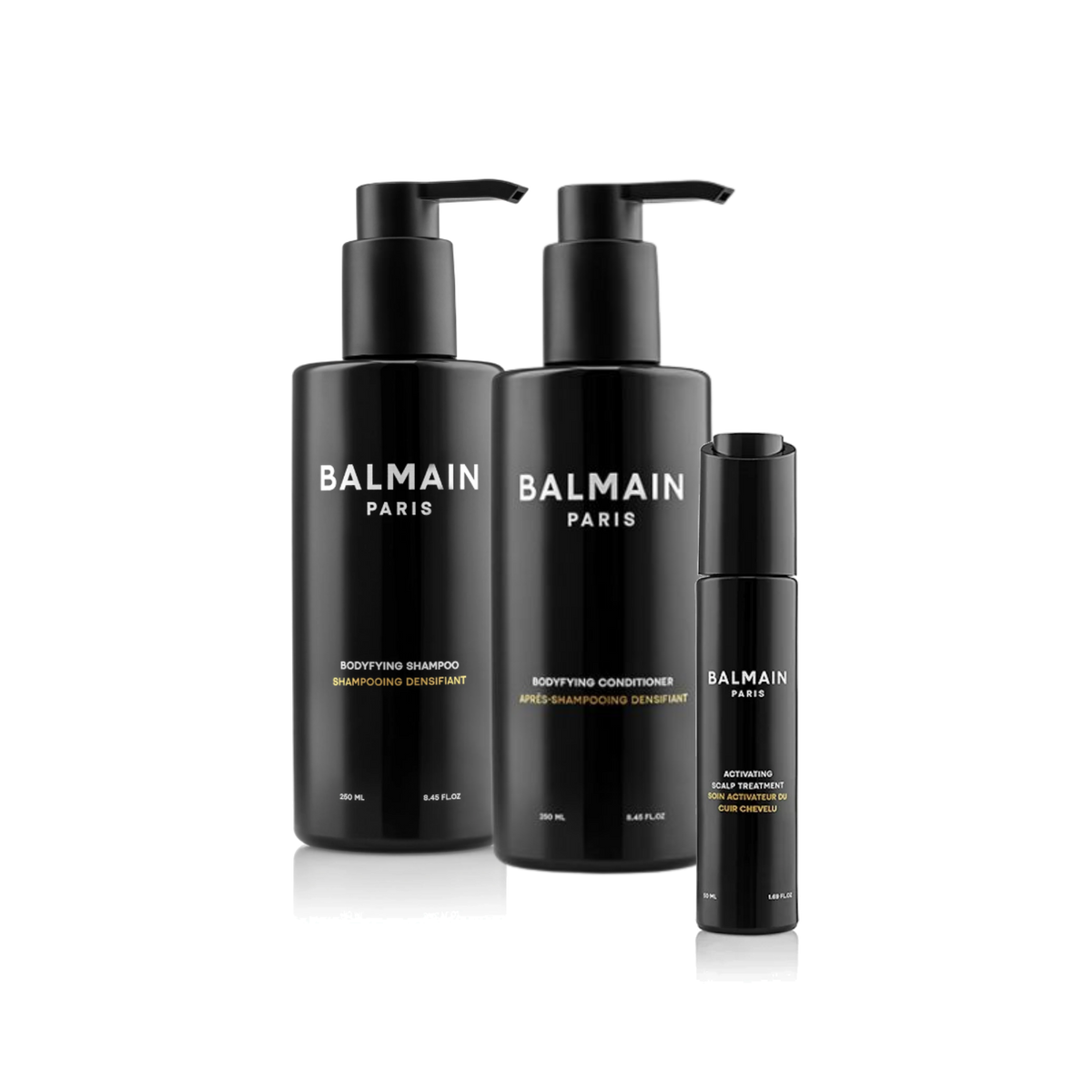 Routine Densifiante Balmain Homme : shampoing 250 ml, après-shampoing 250 ml et soin activateur du cuir chevelu 50 ml